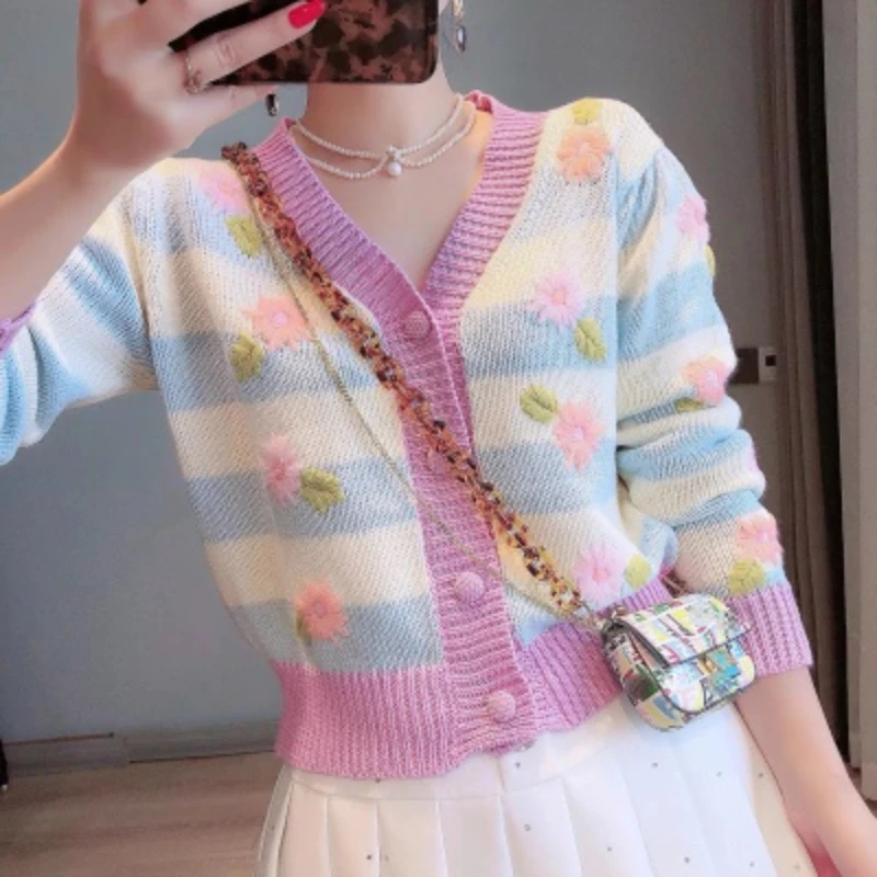 

Autumn Women Sweater Korea Style Stripes Outwear Single Breasted Cardigan Top Ladies Casual Loose-fitting Short Knitted Jacket