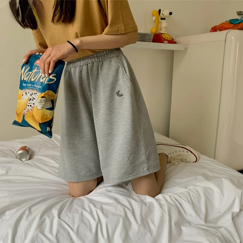 

Shorts Women Summer Loose 3XL Solid Embroidery Wide-leg Knee-length Harajuku Casual Simple Ins Trendy Woman Shorts