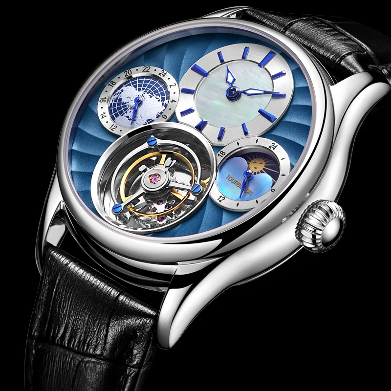 Tourbillon сапфир часы Скелетон Мужские автоматические механические часы Многофункциональный 24-часовой и лунной фазой, Для мужчин часы лучший бренд класса люкс