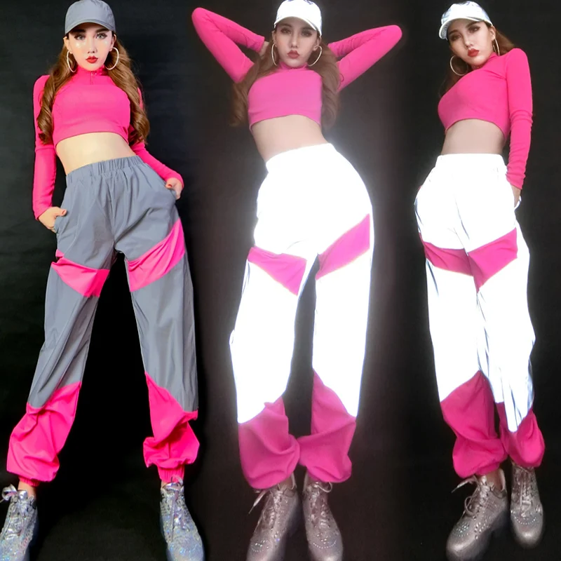 Hip Hop Costumes Lady Rose Red Reflective Pants Jazz Street Dance Clothing Rave Nightclub Singer Dj Ds Performance Wear DNV12334