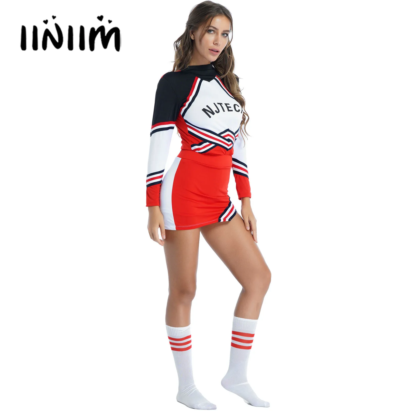 

Women Schoolgirl Cheerleader Uniform Cosplay Role Play Costume Outfits Striped T-shirt with Mini Skirt Bowknot Headwear Stocking