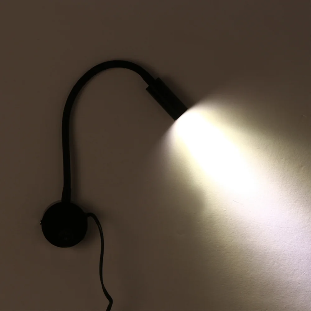 

3W Flexible LED Gooseneck Bedside Reading Light Plug in Wall Light Cylinder with Sheath Line(Black)