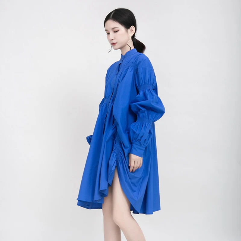 TWOTWINSTYLE, элегантные синие платья с рюшами для женщин, стоячий воротник, фонарь, длинный рукав, высокая талия, свободное женское платье, мода