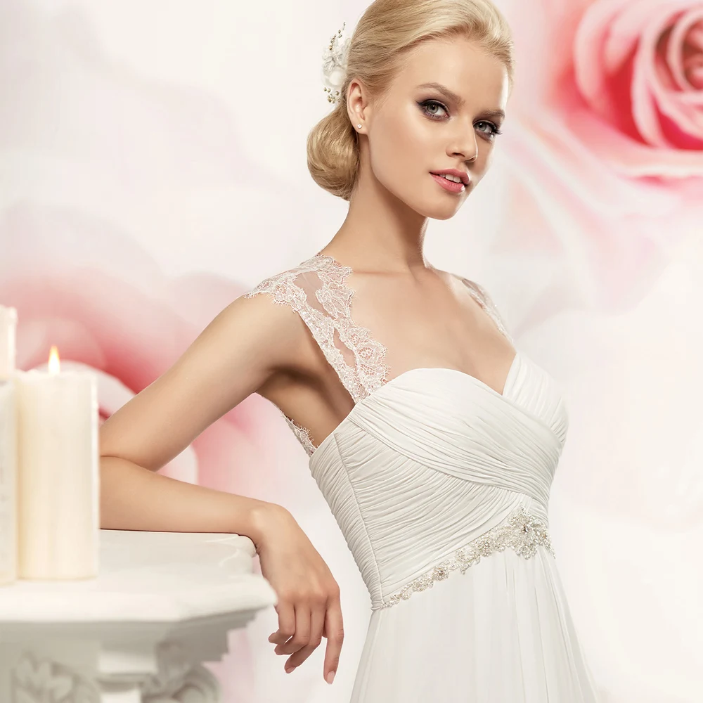 

Weilinsha Sexy Lace Cap Sleeve Chiffon Wedding Dresses Sweetheart Pleats A Line Bridal Gown Robe De Mariage
