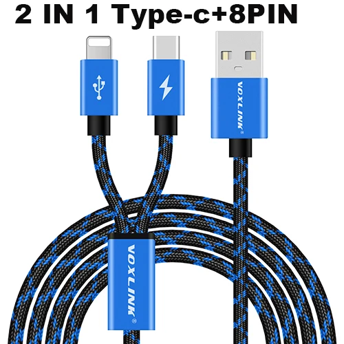 VOXLINK 2 в 1 USB кабель Micro 8Pin usb кабель для зарядки и передачи данных для iPhone x 8 8plus 6 6s samsung htc huawei Xiaomi USB TypeC кабель - Цвет: Blue type c 8pin