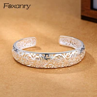 foxanry 925 stamp cuff bangles bracelet creative ethnic hollow flowers bracelet for women wedding jewelry gift