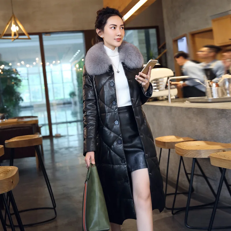

2020 New Winter Genuine Leather Jacket Women Long Sheepskin Coat Women's Down Jackets Warm Real Fox Fur Collar ZM-16651 KJ3142