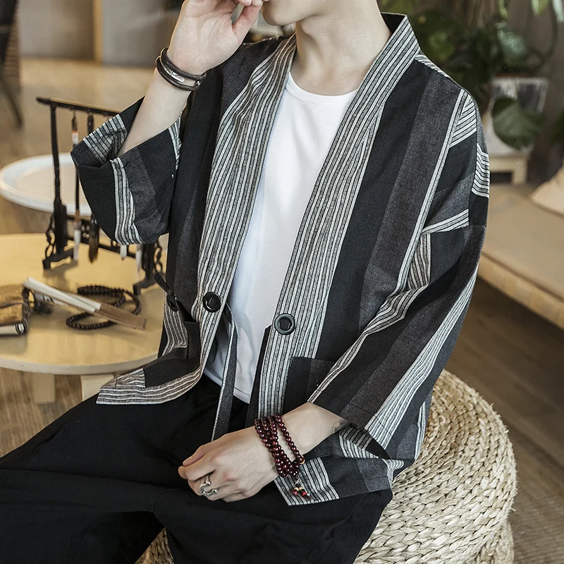 

Nice Summer Stripe Patchwork Kimono Jacket Streetwear Windbreaker Ribbons Cardigan Cotton Linen Jacket Open Stitch Coat Male