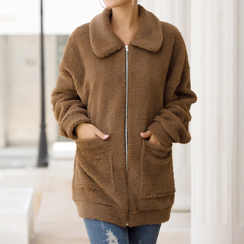Women Warm Jacket Zipper Long Sleeve Lapel Coat Ladies Fleece Faux Fur Outwear Winter Windproof Thick Plus Size 2XL |