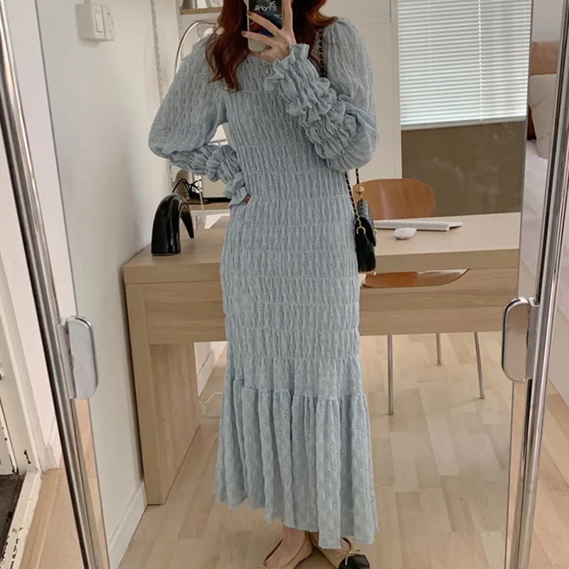 

Женское кружевное Плиссированное Платье Макси Alien Kitty, элегантное ажурное платье-Русалка с рукавами-фонариками, весна-осень 2022