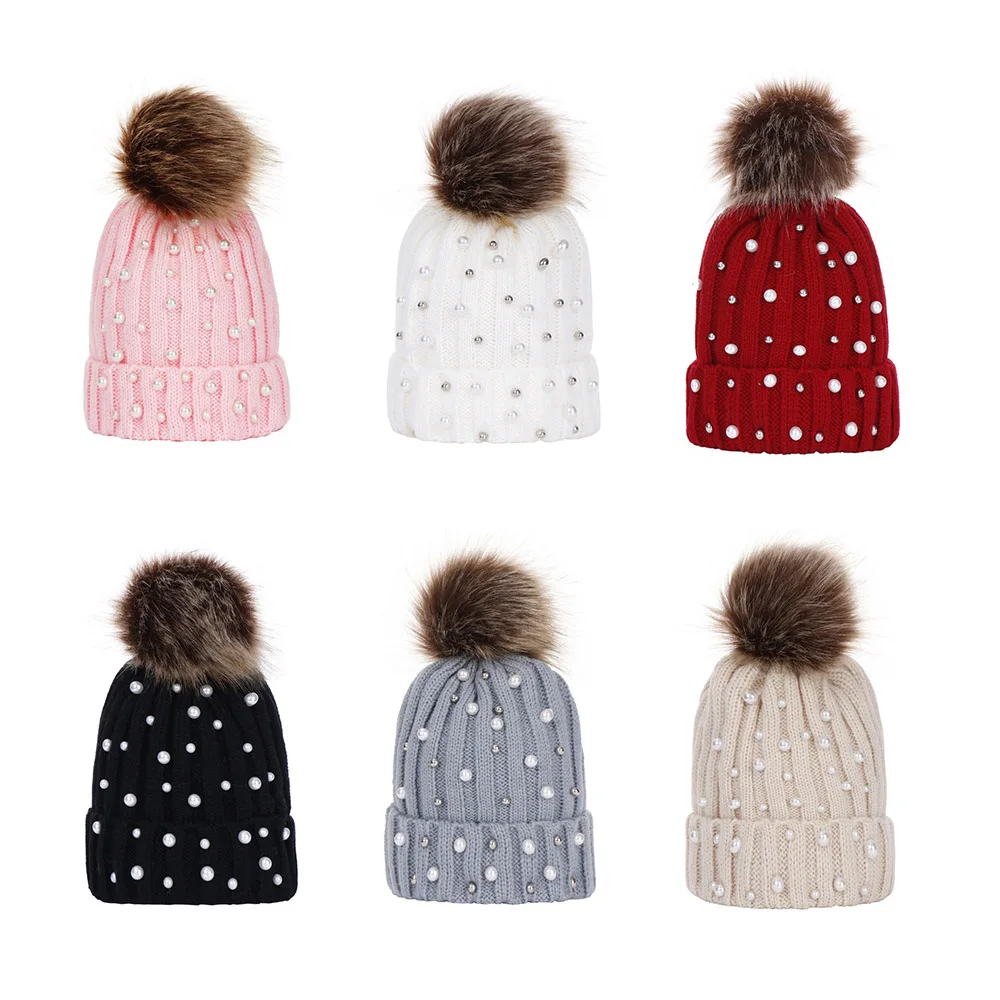 

Geebro Cute Baby Knitted Ribbed Beanie Hat Boys Girls Solid Hat Warm Skull Cap With Faux Fur Pompom Pearl Decoration For Kids