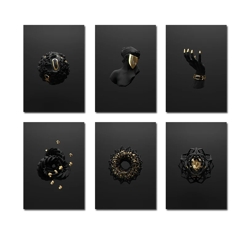 

Gold and Black Abstract Pattern Hand And Ball Poster Canvas Painting Mural Modern Style Living Room Decoration