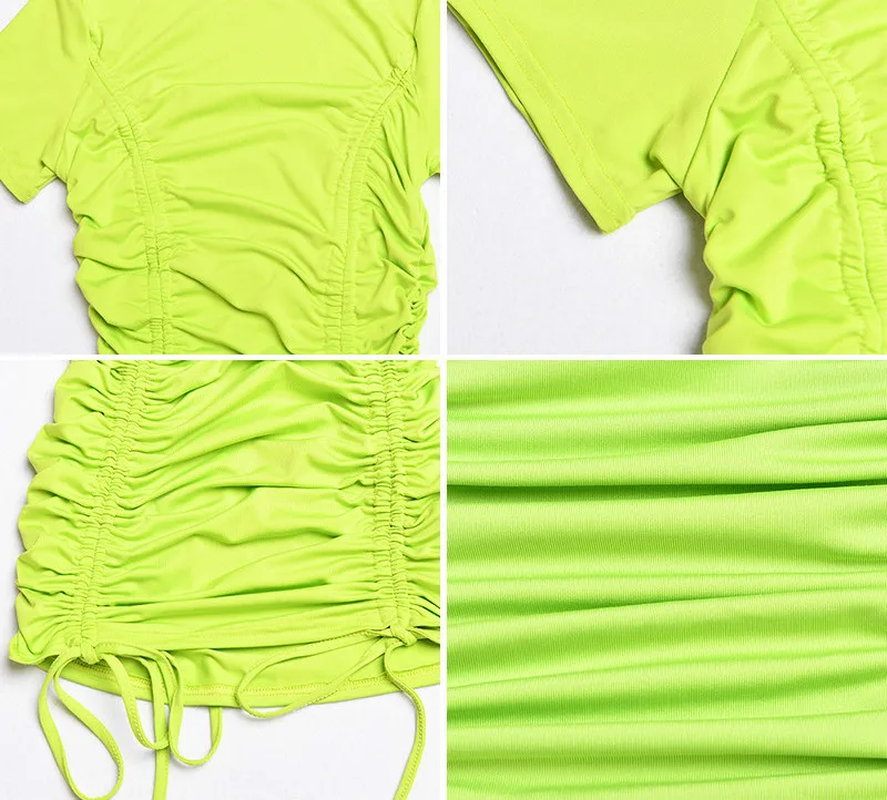 

White Ruched Pleated Bodycon Summer Dress Women Drawstring Short Sleeve Mini Party Dress Solid Basic Skinny Casual Dress Short