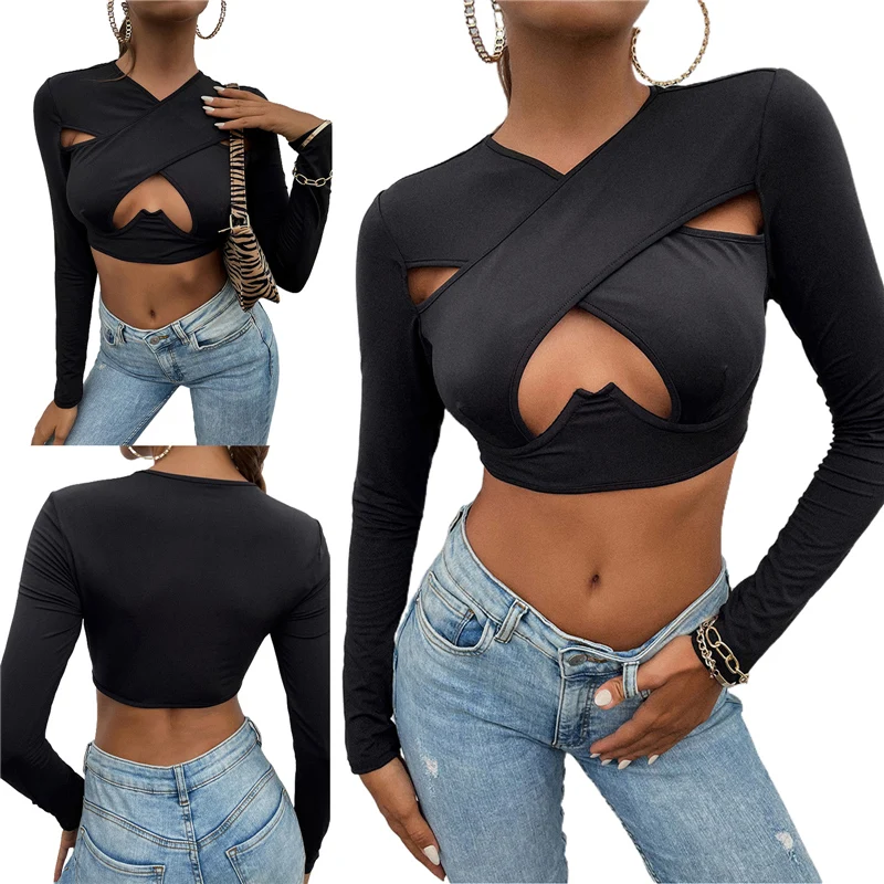 

Women Sexy Crop Tops, Adults Solid Color Long Sleeve V-neck Cutout Cross Pullover