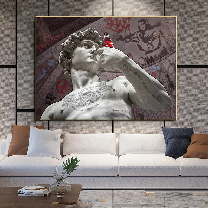 

Skull Tattoo Naked Sculpture David Hold Cola Posters Prints Monalisa with Gun Peace Canvas Painting Wall Art Picture Home Decor