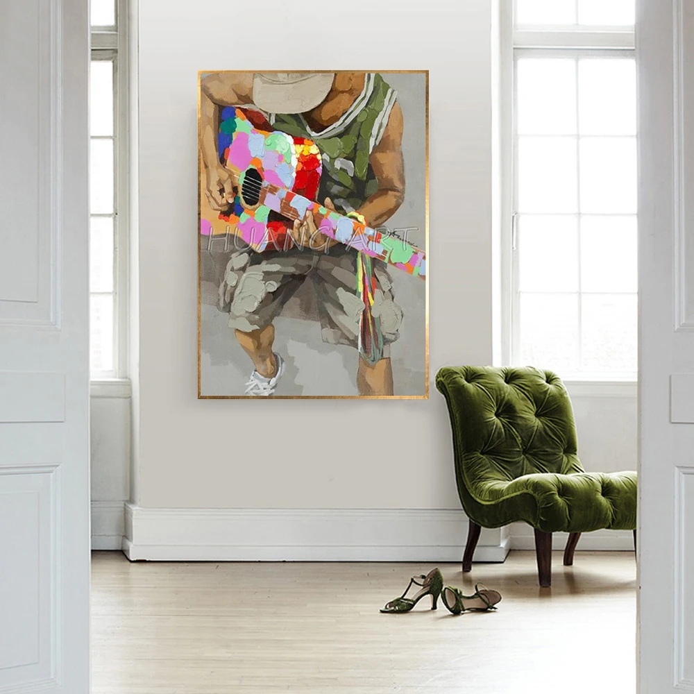 Hand-painted Guitar Man Knife Portrait Oil Painting on Canvas for Wall Decor Modern Rock Music Abstract Figure | Дом и сад