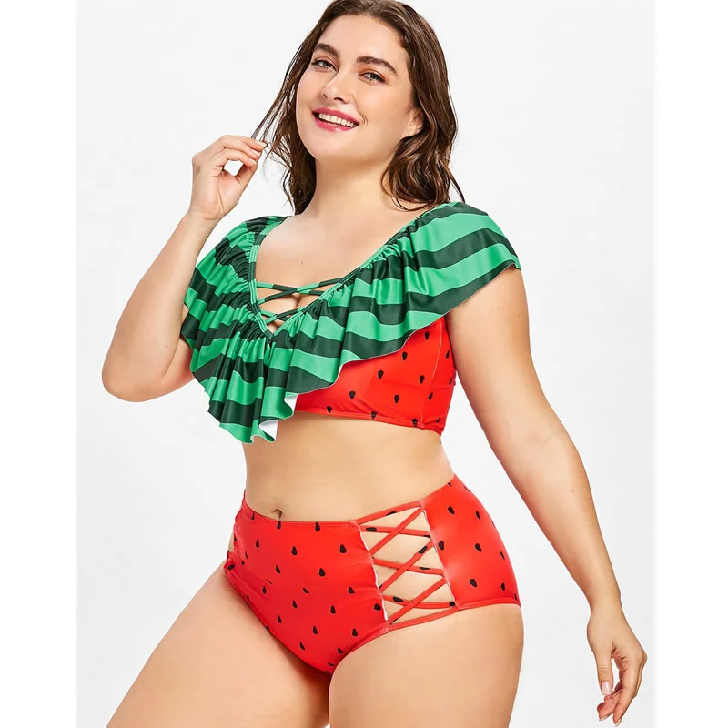 

Fruit Watermelon Swimsuit Women Sexy Fruits Bikini Large Size XL XXL XXXL High Waist Big Bikinis Bottom Ruffle Swimwear Top