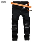 Мужские джинсы Idopy в стиле хип-хоп, с застежкой-молнией на коленях, с пэчворком, облегающие черные джинсовые брюки, брюки