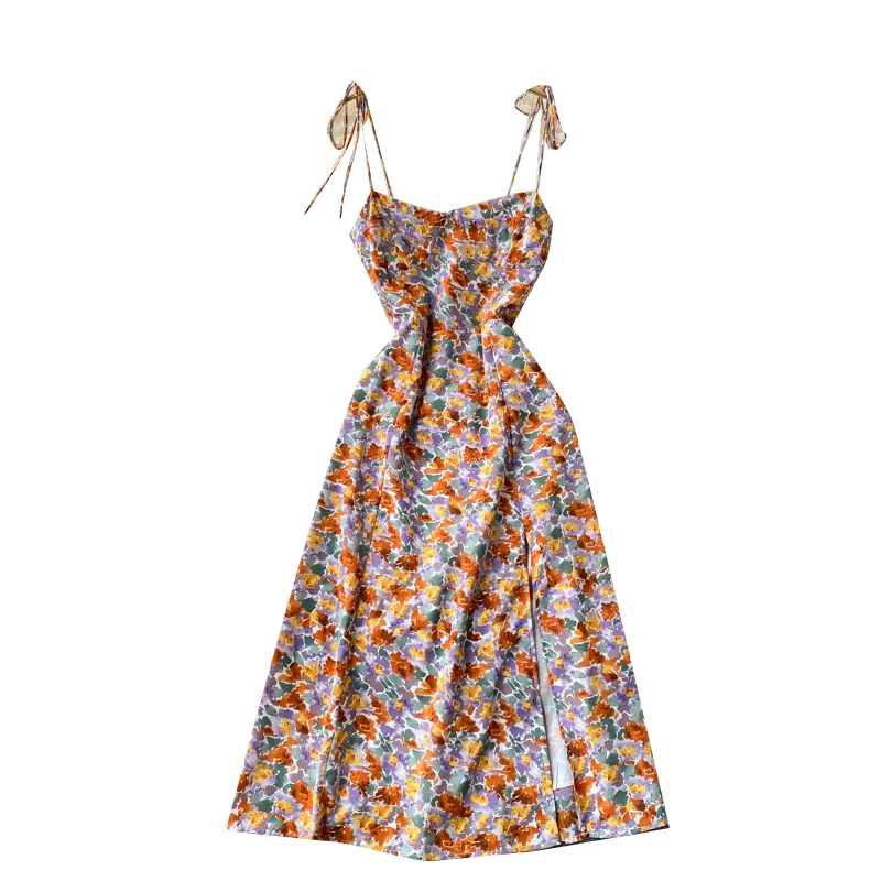 

Kimutomo Beach Holiday Dress 2021 Summer Square Collar Floral Printed Lace Up Sling Dresses Slim Vintage Split Vestidos Elegant