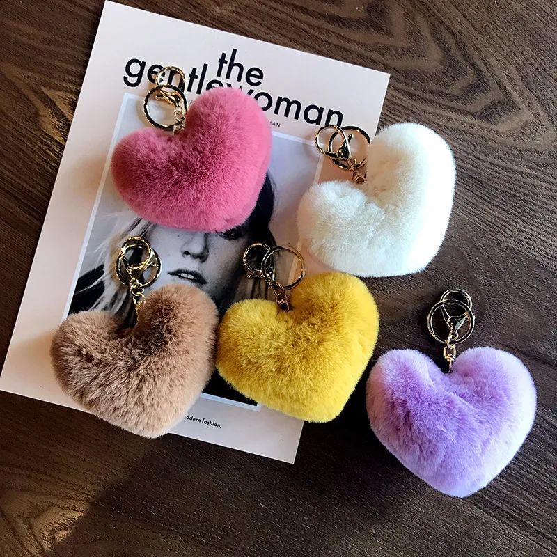 

Mulity Color Cute Fluffy Pompom Car Keychain Artificial Rabbit Fur Heart Shape Key Chain For Women Bag Car Decoration Keychain