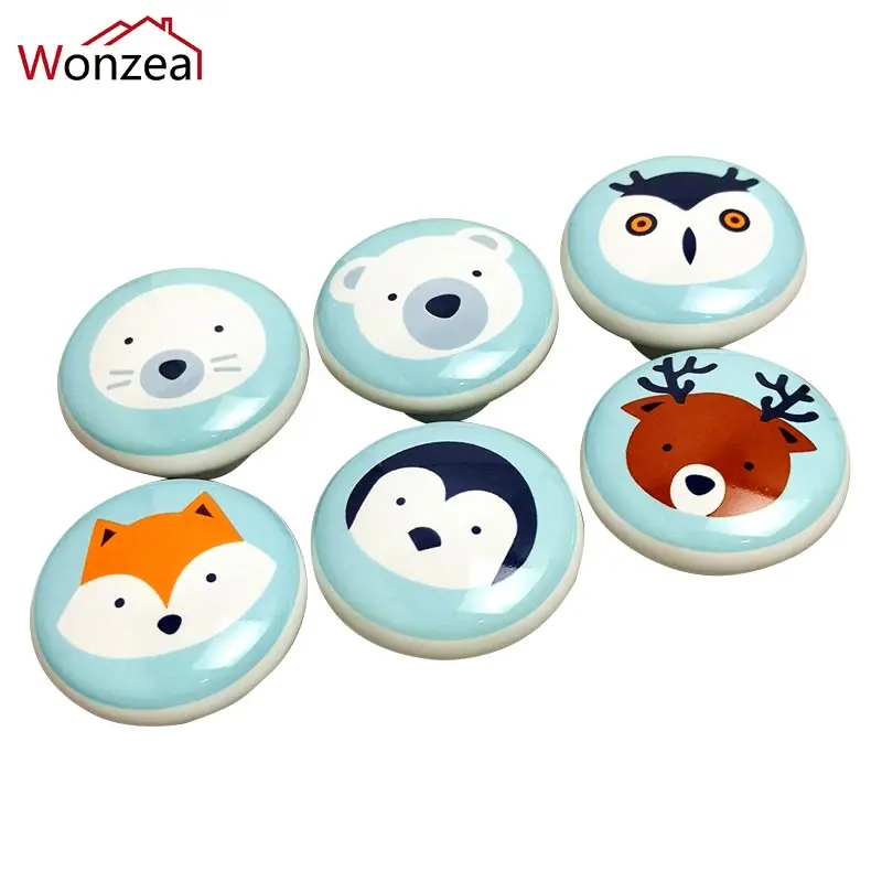 

5PCS Single Round Ceramic Handle Cartoon Animal Wardrobe Cabinet Drawer Knobs itchen Garden Door Pulls With Screw