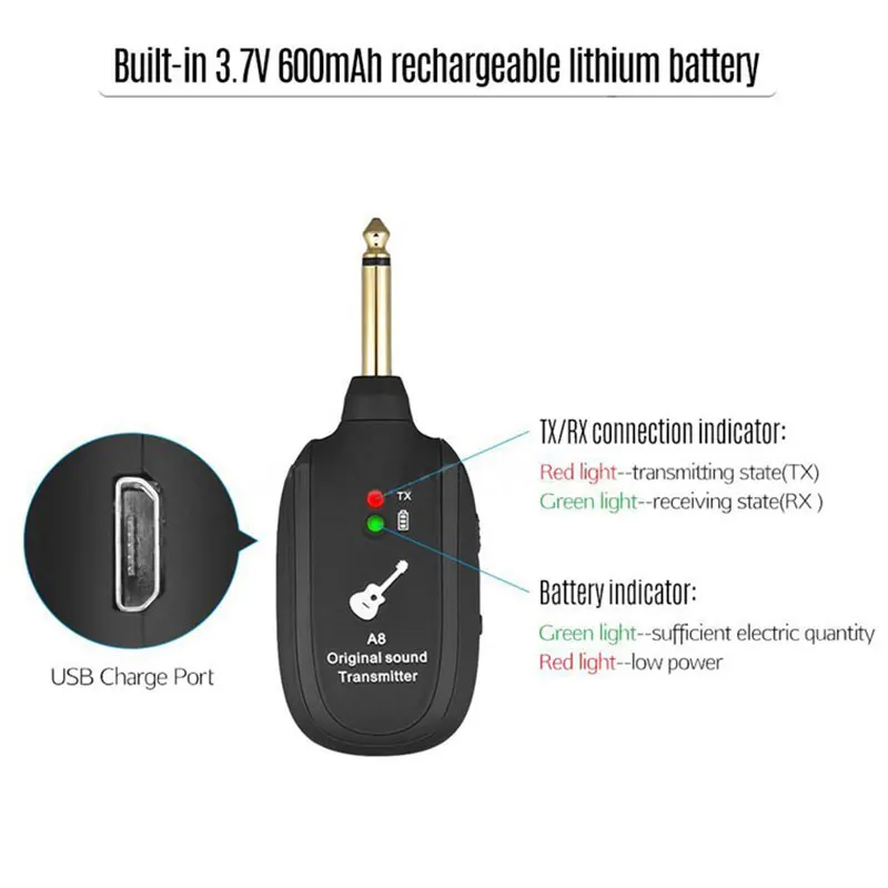 2 teilesatz a8 wireless guitar system 4 kanäle gitarre sender empfänger gebaut in wiederaufladbare für elektrische gitarre bass violin