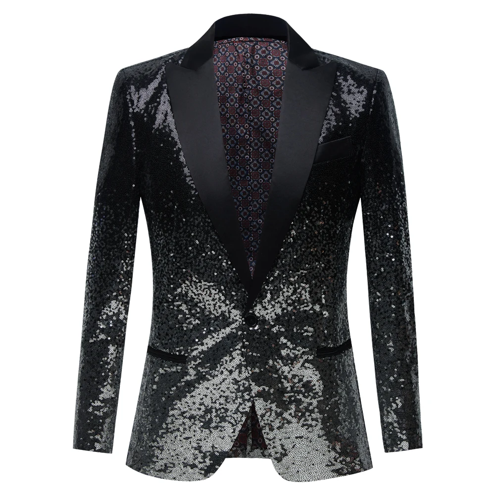 Black Sequin One Button Shawl Collar Suit Jacket Men Bling Glitter Nightclub Prom DJ Blazer Jacket Men Stage Clothes for Singers