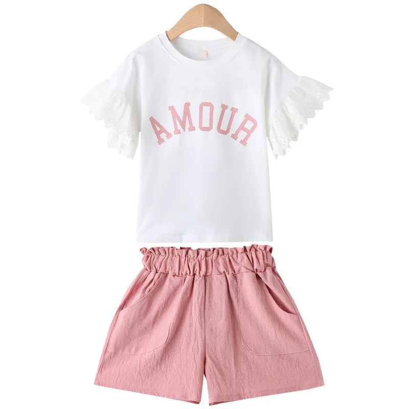

Girls dress 2021 new leisure brim han edition short-sleeved summer wear fashionable children cuhk child two-piece tide