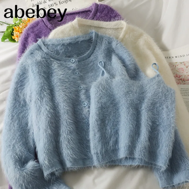 

Women Autumn Winter Soft Knitted Set Long Sleeve Casual Loose Cardigan+Sexy Off Shoulder Slim Short Tops Two Piece Set