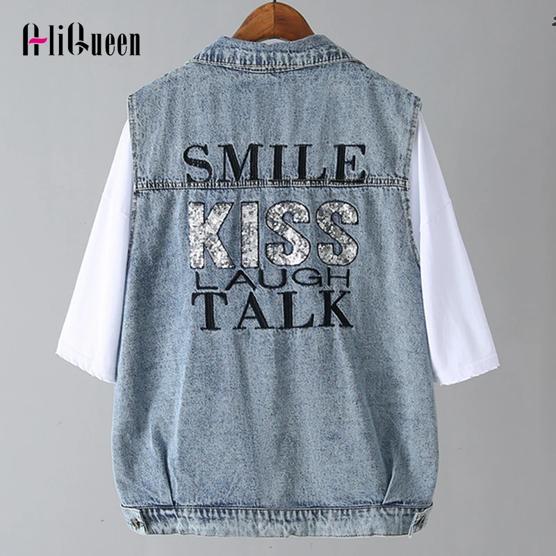 

Женский винтажный джинсовый жилет с буквенным принтом, короткий жилет с отворотом, весна-осень 2021