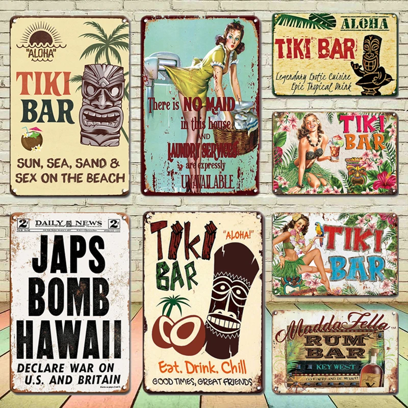 

Aloha Tiki Bar Metal Poster Tin Sign Vintage Backyard Bar Garden Decorative Plaque Retro Man Cave Club Home Decor Stickers Plate