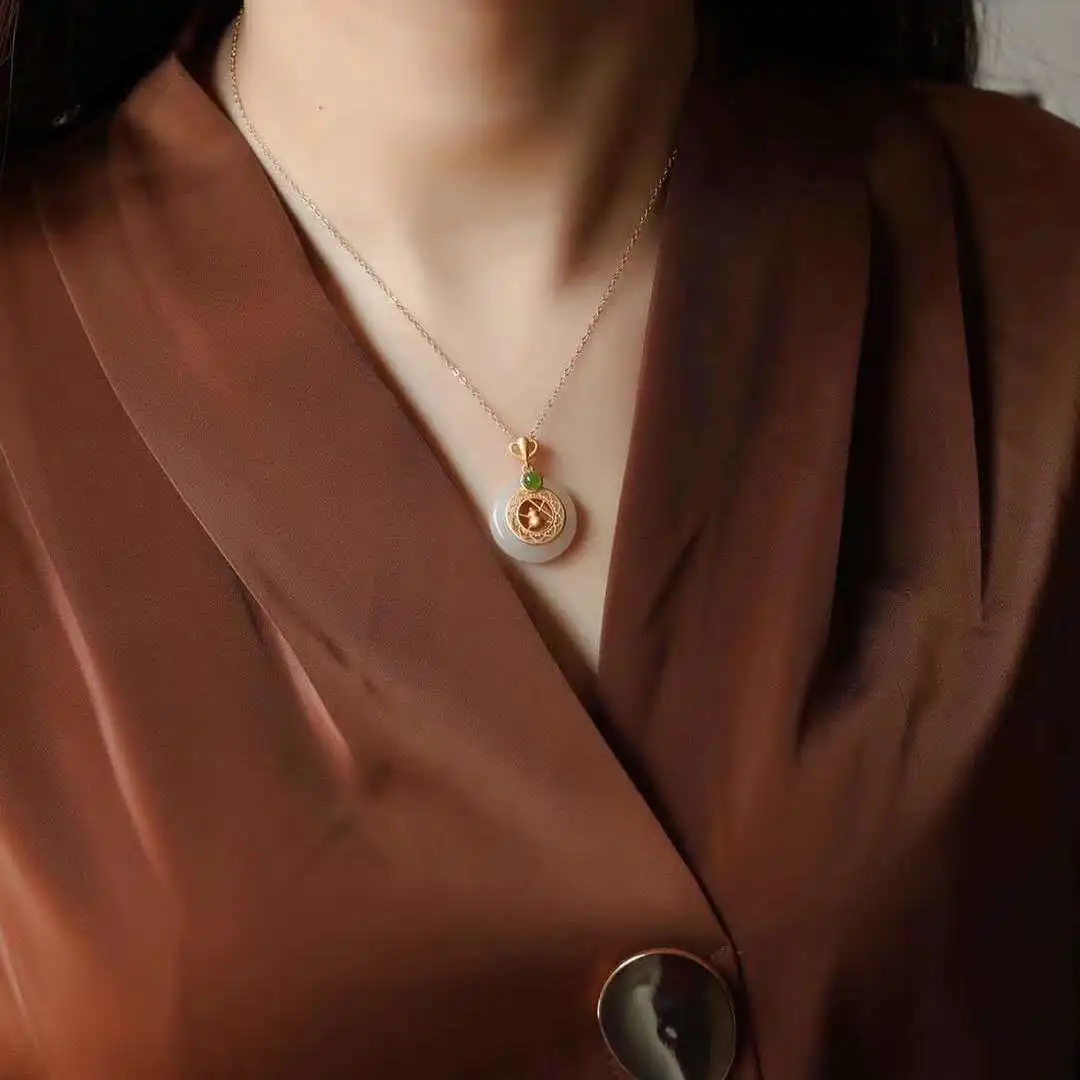 

New silver inlaid natural Hetian white jade gourd Pendant Necklace with Chinese unique ancient gold craft women's brand jewelry