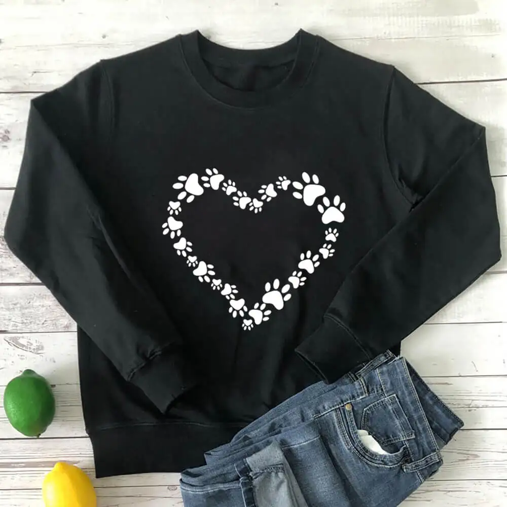 Paws Heart Graphic Sweatshirt New Arrival Women's Funny Casual 100%Cotton Long Sleeve Tops Cat Lover Gift Dog Mom life Tops