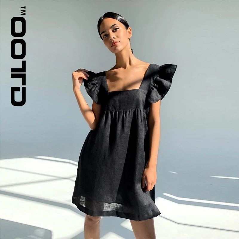 

Casual Square Collar Butterfly Sleeve Mini Sweet Dress Woman Backless High Waist Loose Linen Solid Dress 2021 Summer