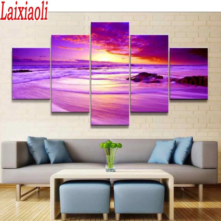 

purple sea sunset landscape 5d diamond painting full mosaic 5pcs diamond embroidery full square/round drill romantic view decor