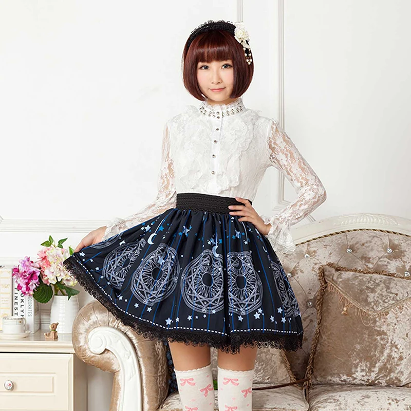

Princess sweet lolita skirts Originally Blue Printed Sun and Moon Magic Line skirts Lolita lace pleated skirt Lady GZWY077