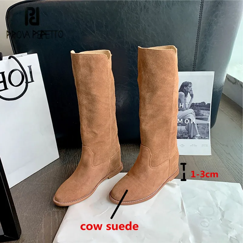 

Prova Perfetto 2021 Retro High Quality Cow Suede Women's Thigh High Boots Round Toe Slip-on Height Increasing VulcanizedShoes