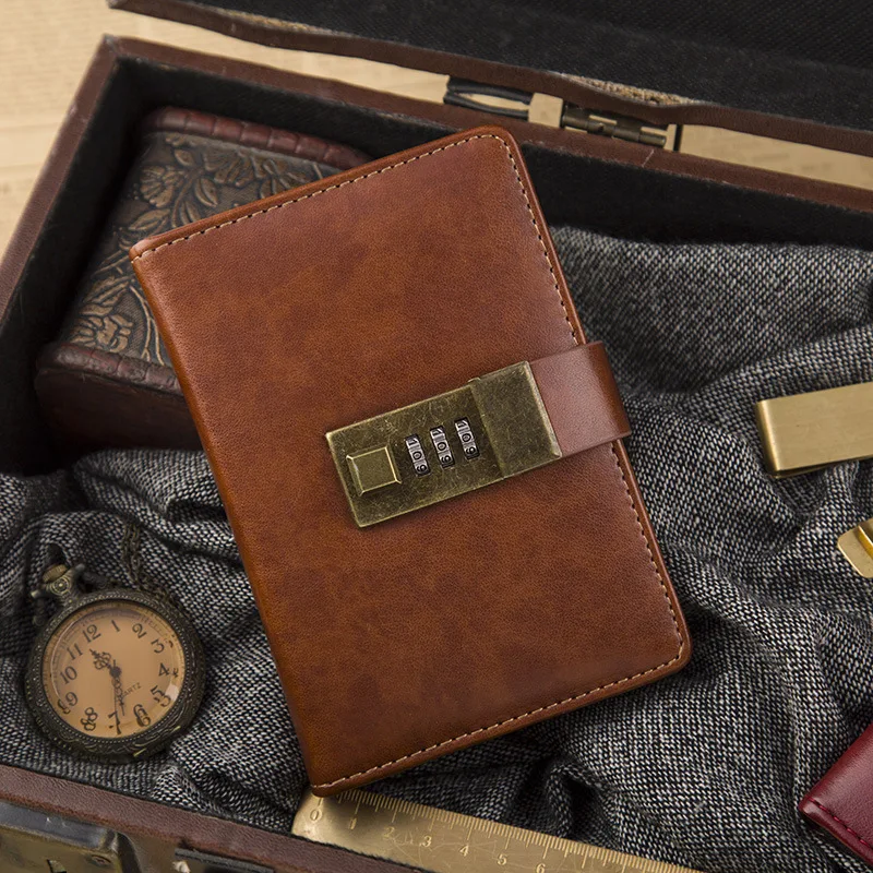 

Retro Leather Password Books Diary Notebook Journal Agenda Planner Lockable Portable Notebooks School Stationery Office Supplies