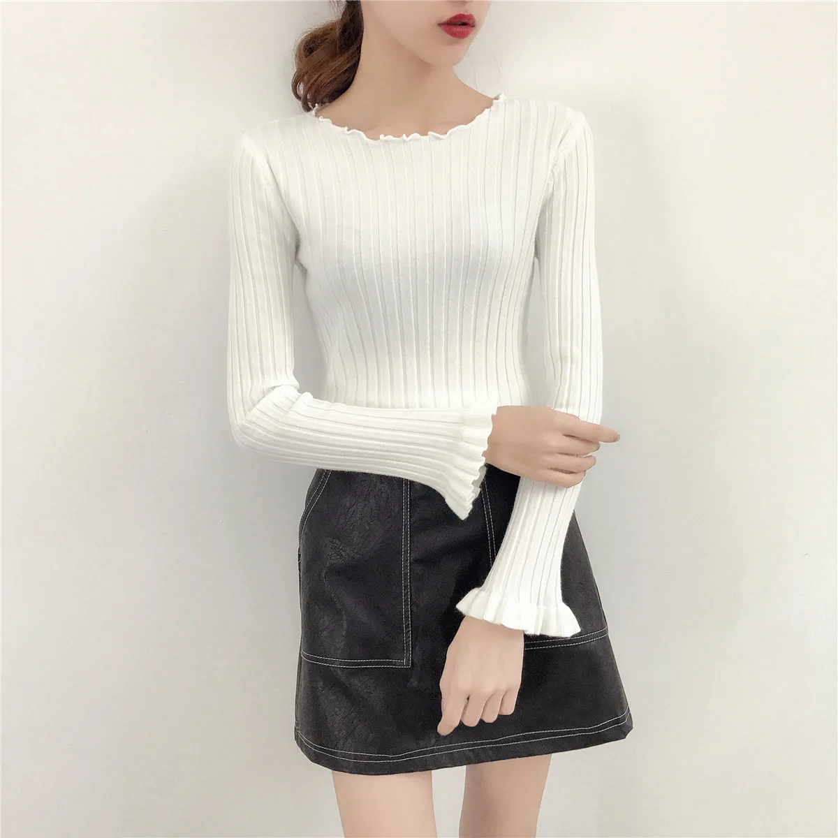 Женская трикотажная рубашка с круглым вырезом и длинным рукавом Новинка осени 2020