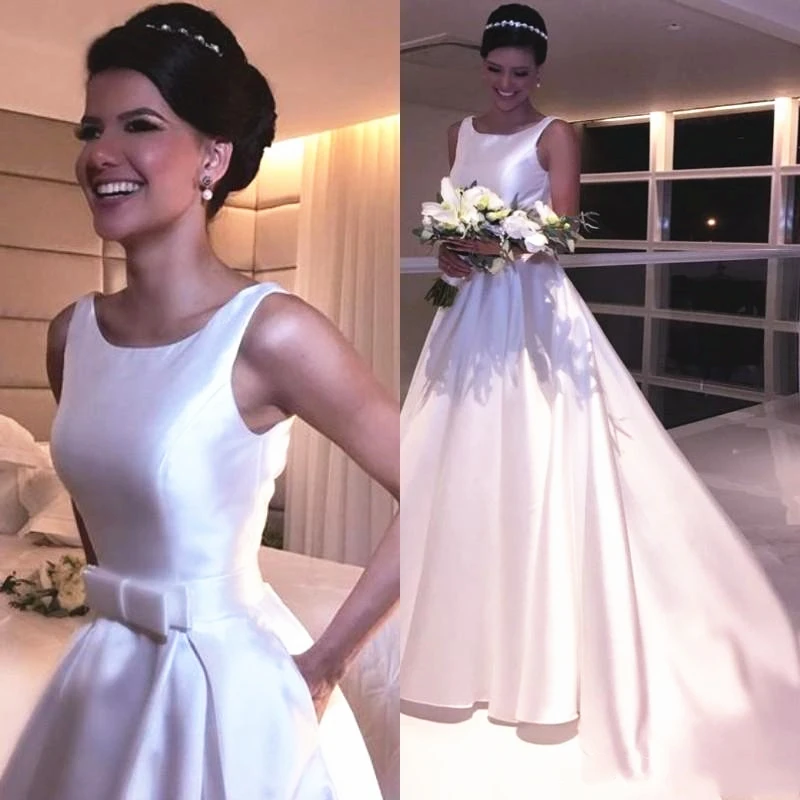 

Classic Design Princess Satin Wedding Dresses A Line Square Neck Sleeveless Bow Belt Vintage Bridal Gowns vestido de noiva