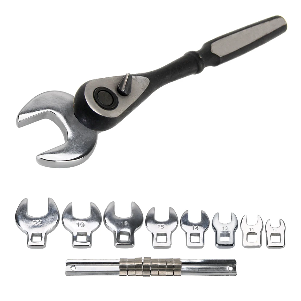 

Interchangeable Head Spanner Drive Crowfoot Wrench Set 8 Pcs 3/8 Inch Ratchet Wrench Metric Chrome Plated Car Repair Tools