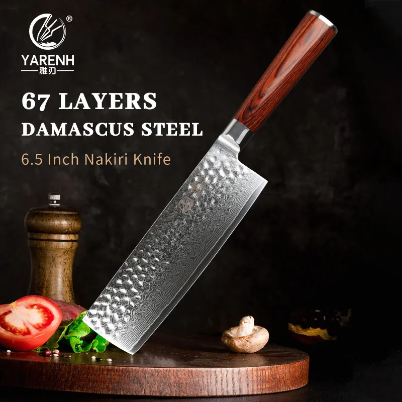 

YARENH 6.5 Inch Nakiri Knife 67 Layers Japanese Damascus Steel Kitchen knives Cutting Meat Vegetable Chef Knife Pakkawood Handle