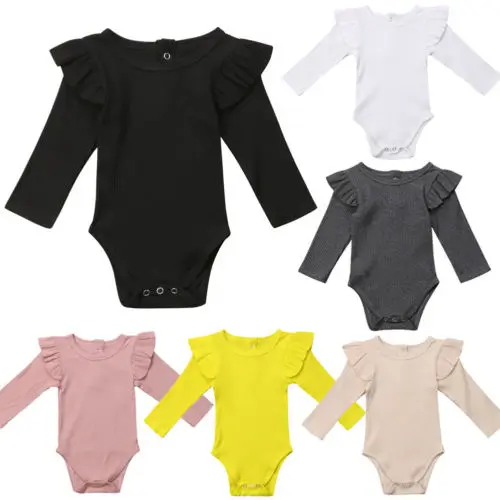

2021 Brand New Newborn Infant Kids Baby Girls Boys Autumn Causal Bodysuits Ruffles Long Sleeve Solid Warm Jumpsuits Outfit 0-24M