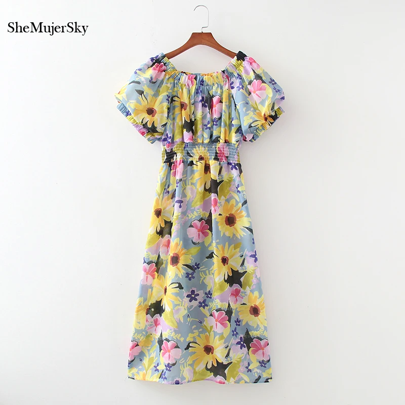 

Женское платье миди с открытыми плечами SheMujerSky, летнее платье с цветочным принтом, рукавами-фонариками и эластичной талией, платья 2021