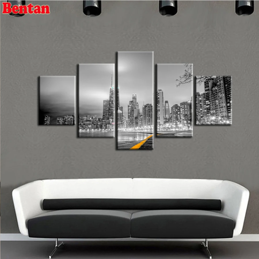 

5 Panel diamond Painting Black White City Landscape diamond embroidery cross stitch diamond mosaic full square round Wall Art