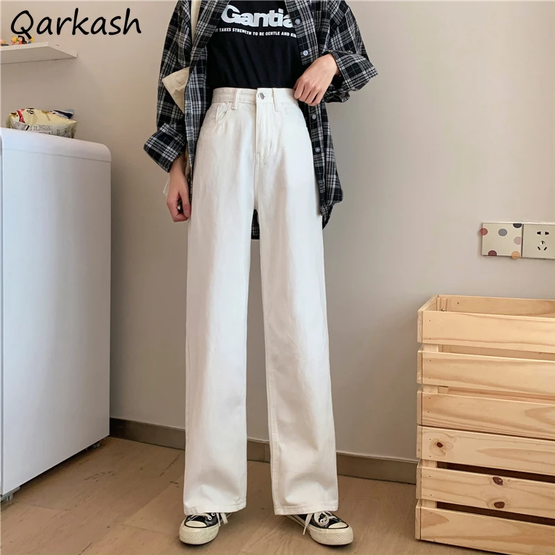 

Women Jeans Solid Denim Casual Long Straight Wide Leg Loose High Waist Simple Daily All-match Summer Thin Streetwear Button Chic