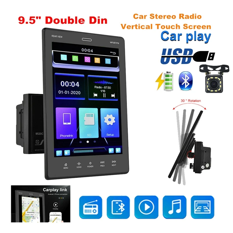 

2Din 9.5inch Press Screen MP5 Player Car Stereo FM for Apple/Andriod CarPlay Bluetooth Mirror Link Navi+12LED Camera