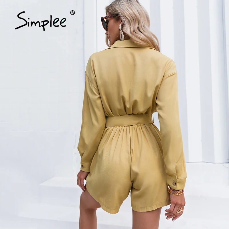

Simplee High street lapel fashion romper women summer Short sleeve belt solid casual rompers Spring yellow office playsuit 2021