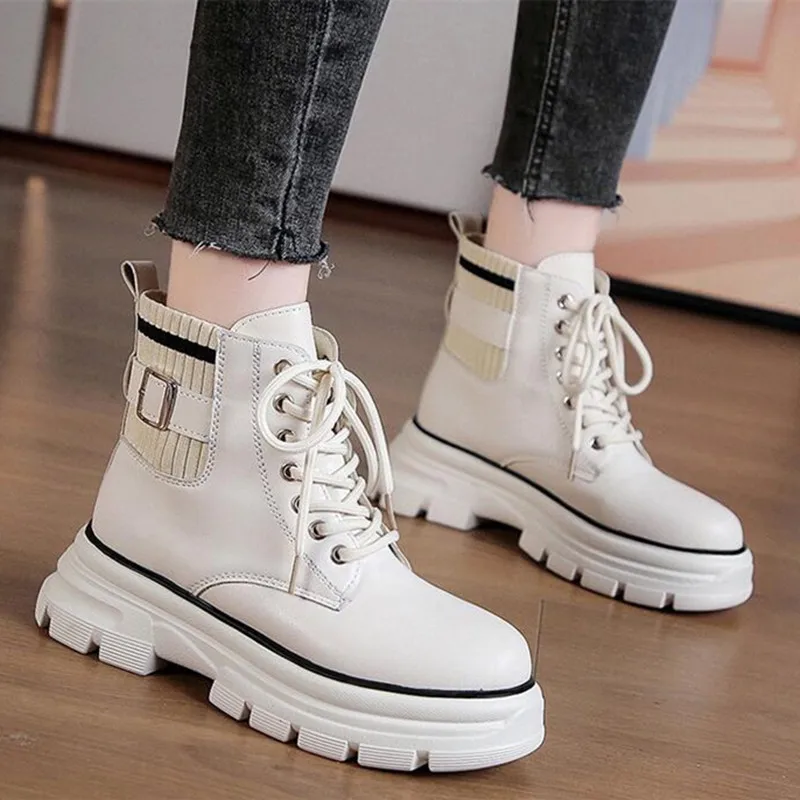 New Ankle Boots Platform Lace Up Leather Booties Women Flats Black Boots for Girls Casuales Fashion British Style Punk Shoes