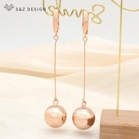 sz design new fashion 585 rose gold long smooth round spherical metal dangle earrings for women girls daily party jewelry gift